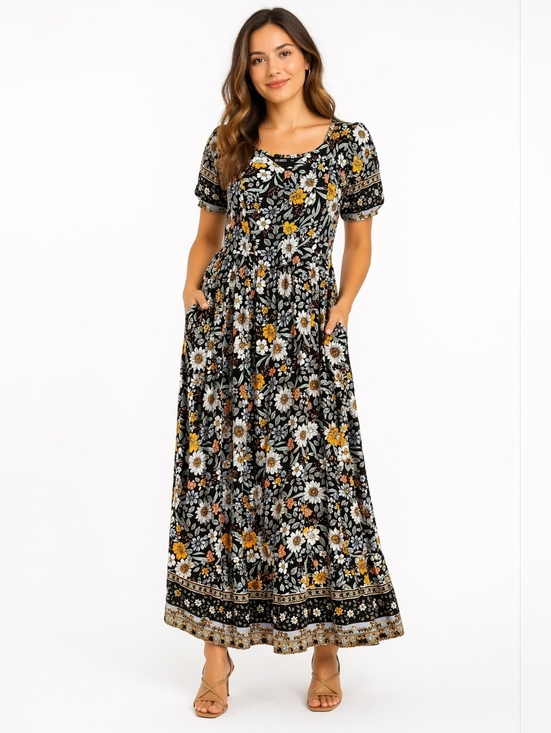 Mikarose Dresses & Skirts - Black Floral Maxi Dress with Yellow & White Daisies Size Medium Mikarose